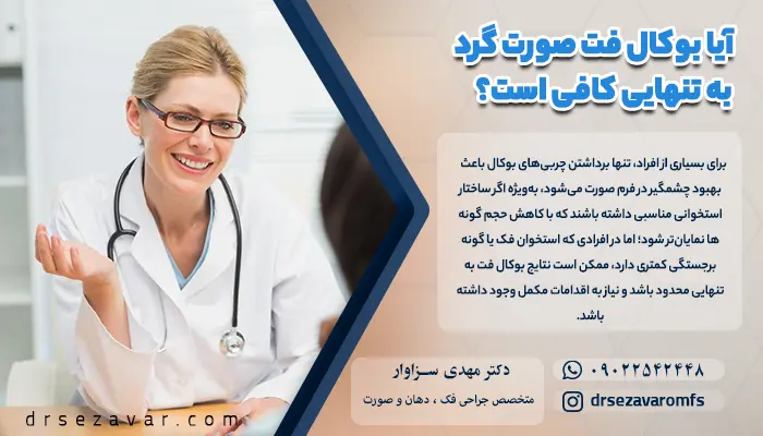 پزشک در حال مشاوره دادن به بیمار در مورد روش های انجام بوکال فت برای صورت گرد و دایره ای.