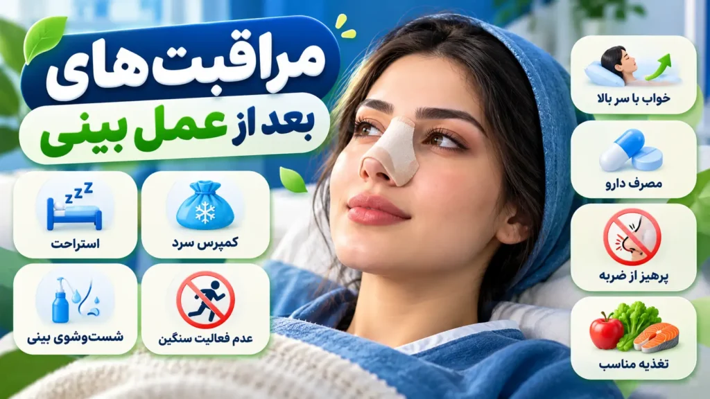 شخصی در حال استراحت با زاویه 45 درجه، و رعایت مراقبت‌ های بعد از عمل بینی